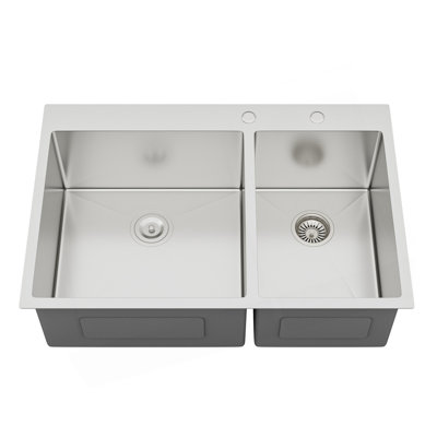 Évier de cuisine à double cuve (60/40) encastré - 33 po x 22 po x 10 po en acier inoxydable de calibre 16 avec deux cuves profondes de 10 po