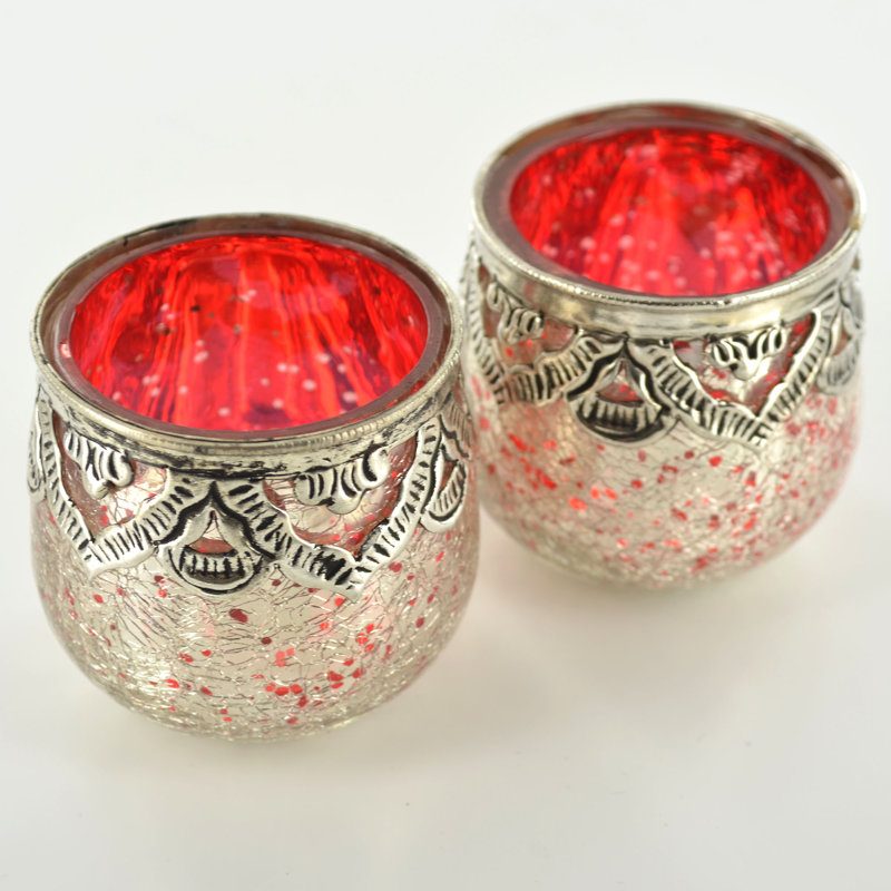 2 Piece Glass Tabletop / Centrepiece Votive Holder Set, Silver/Red