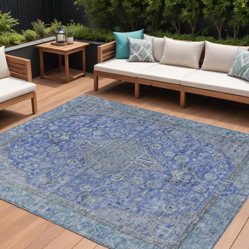 Tapis intérieur / extérieur 10 pi x 14 pi bleu et gris lavable