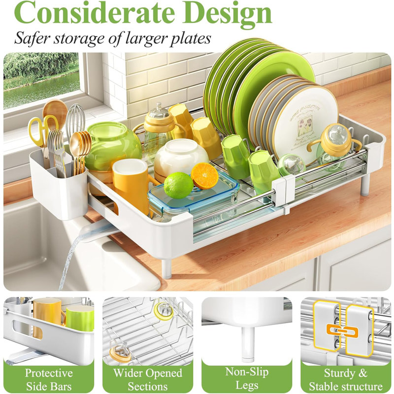 Expandable Stainless Steel Dish Drying Rack with Utensil Holder, White