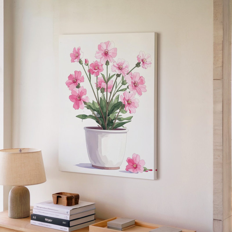Reproduction d'art délicat sur toile rose dans un pot en céramique blanc, H 12 po x l 9 po