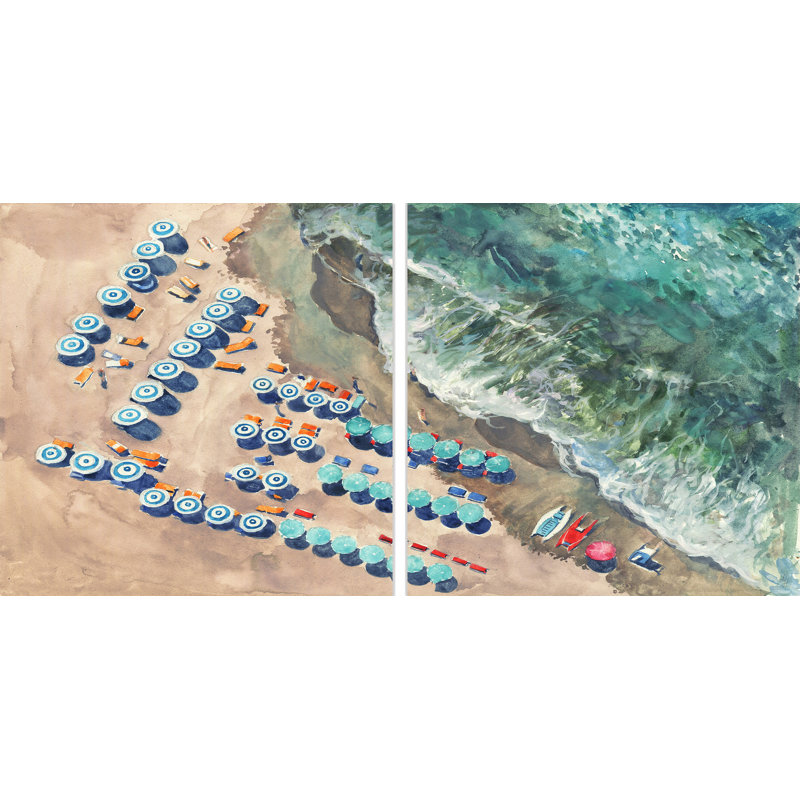 Blue Beach Umbrellas II Diptych, H 18 po x l 36 po x P 1,5 po