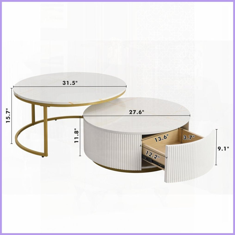 Table basse ronde moderne avec tiroir et peu d'espace - Blanc et amp; Conception cannelée dorée pour le salon, Blanc
