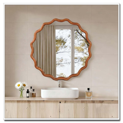 Wavy Round Solid Wood Frame Decorative Mirror,For Bedroom, Bathroom, Living Room, Entryway
