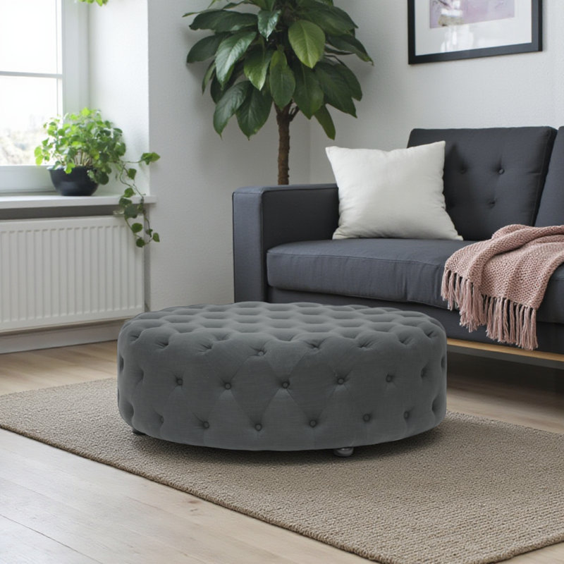 Somwya Round Shaped Ottoman in Grey Linen Upholstery, 15.75'' H X 40.75'' W X 40.75'' D, Dark Grey 100% Linen