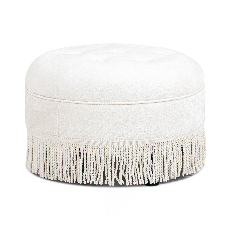 Repose-pieds rond rembourré 24 po, chenille blanc amande, Chenille, White
