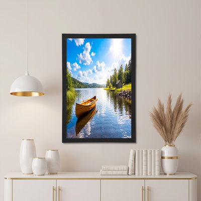 Wooden Canoe on Calm Lake With Green Trees and Boathouse Canvas Wall Art