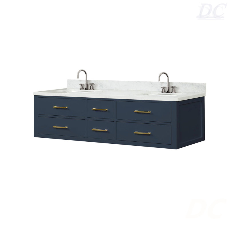 Meuble-lavabo double 72 po X P 22 po D, dessus en marbre de Carrare et ensemble de robinet, L 72 po