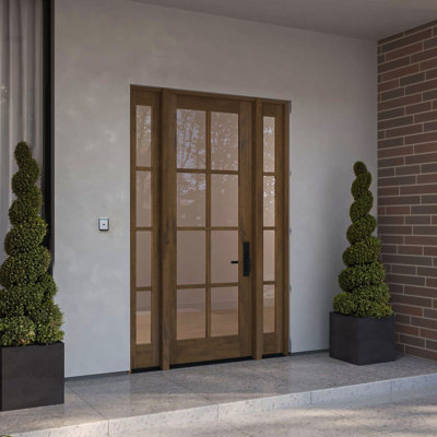 G108-SW-96 | 96" Single Door, + 2xSidelites RTA Prehung Exterior, SDL 8 Lite, Unfinished Mahogany Wood