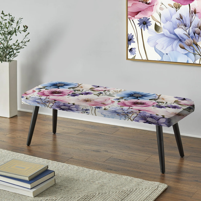 Mauve et bleu, toile florale sereine à l'aquarelle - Banc noir rembourré floral