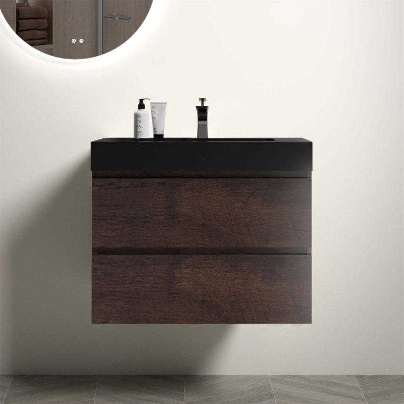 Meuble-lavabo flottant mural de 30 po avec lavabo, grand rangement et finition en bois de rose pour les salles de bain modernes