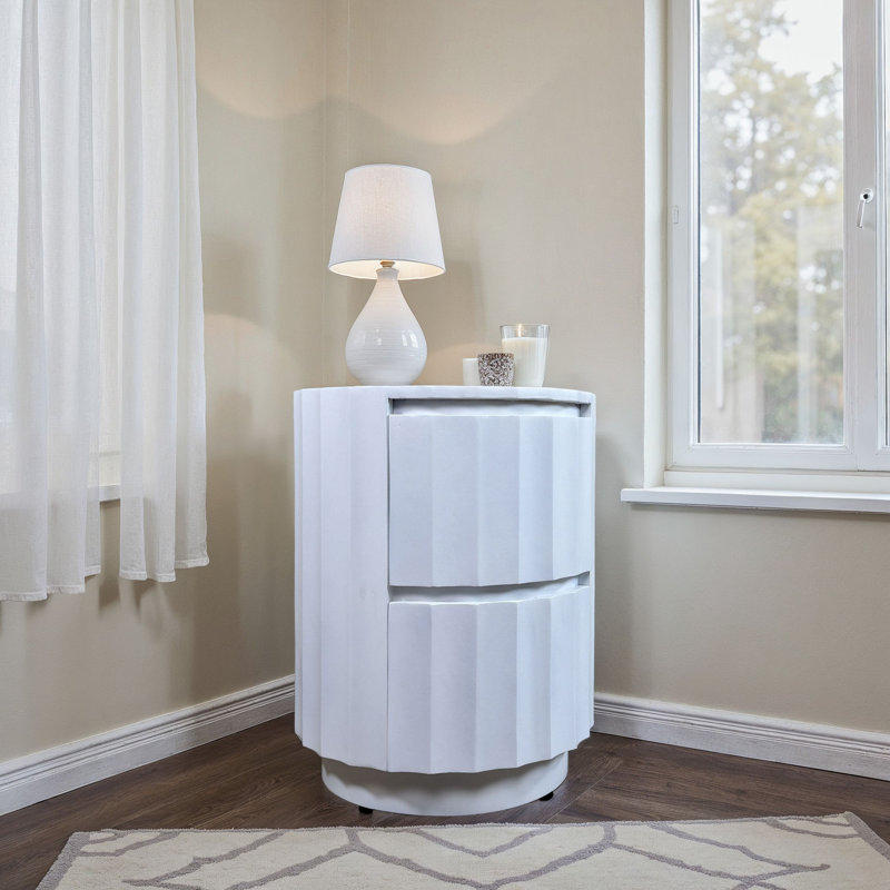 Elegant White 16" x 20.5" Scalloped Accent Table with Built-In Drawers, White