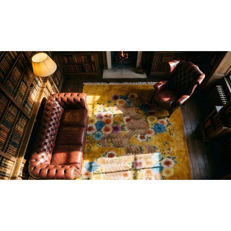 Room Size Knotted Antique Yellow Wool 1930s Chinese - Art Deco Rectangle Rug