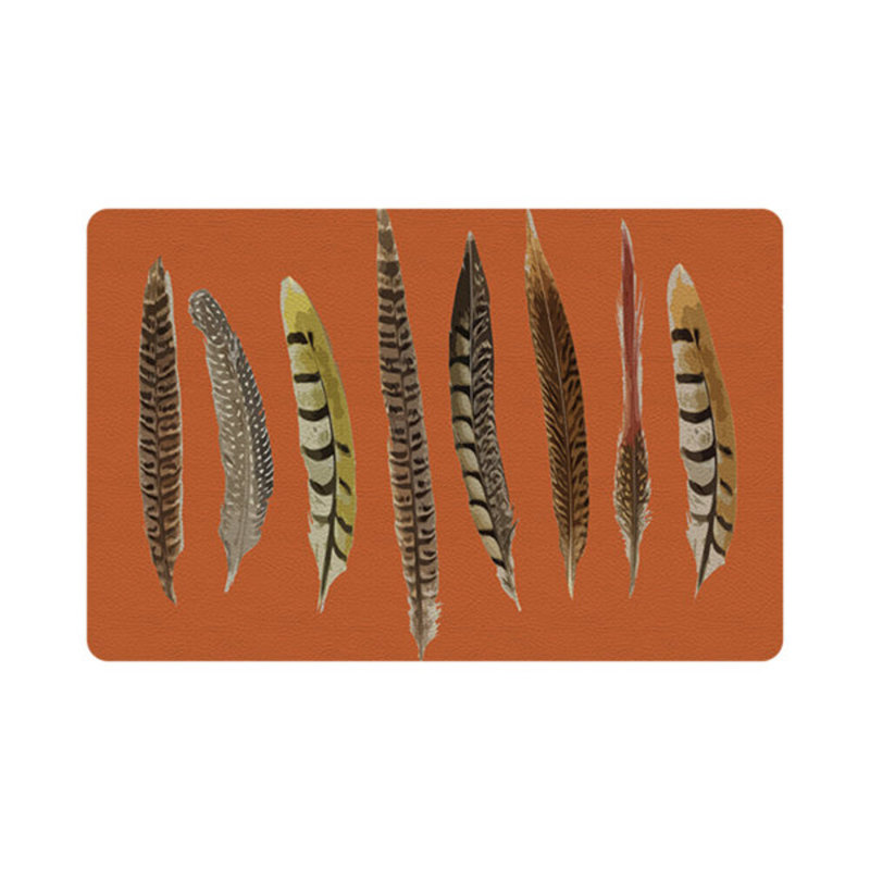 Pheasant Feathers Vegan Leather Rectangle Pebble Placemat, Orange