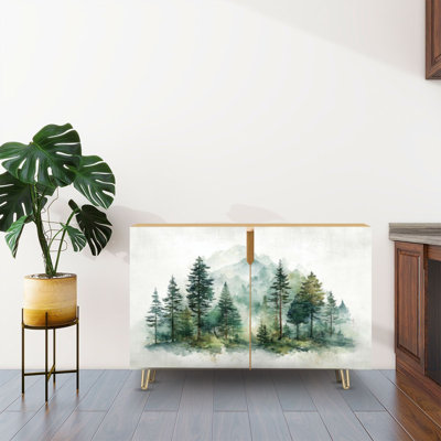 Sideboard Buffet Cabinet with Storage Ethereal Mountain Pine Forest with 2 Doors for Living Room and Kitchen