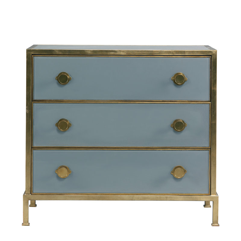 Essex Aged Brass 3-Drawer Accent Chest in Blue and Brown