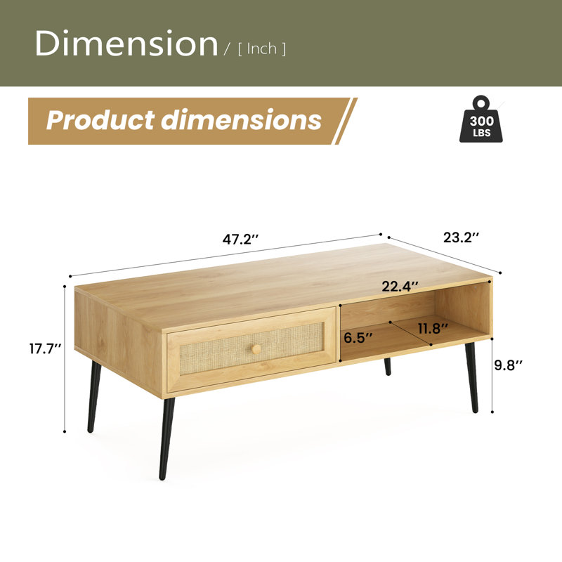 Table basse Mid-Century moderne, console rectangulaire de 47 pouces avec tiroir et tablette, table basse en bois, Naturel