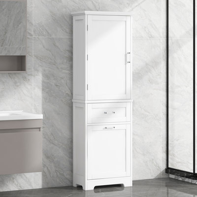 Grande armoire de rangement pour salle de bain avec tablette réglable et deux tiroirs de différentes tailles, panneau de fibres à densité moyenne avec finition peinte, blanc