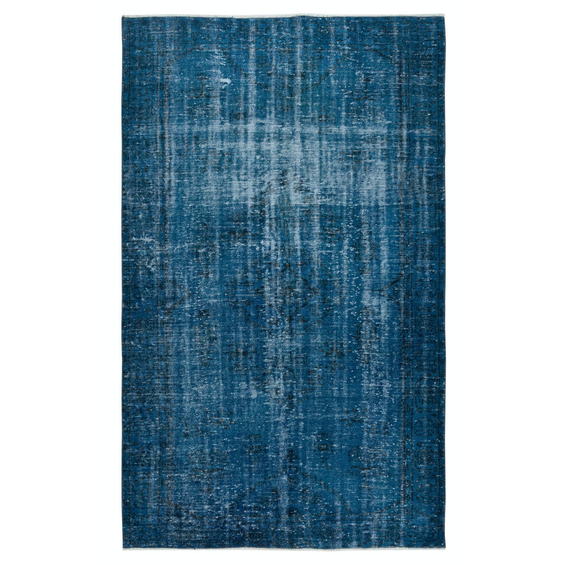 Tapis turc moderne délavé noué à la main de 6,2 x 10 pi et bleu marine