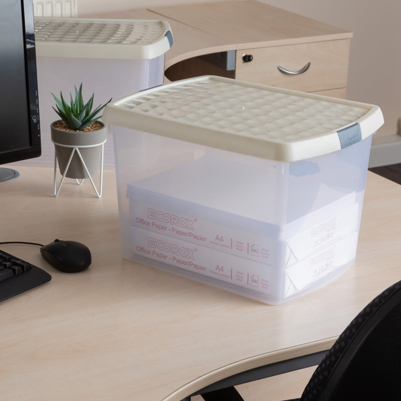 Wham Clip 21.5L Rectangular Plastic Storage Boxes with Secure Clip Lock Lids. L:39 x W:29 x H:25.5cm Clear/Stone/Slate Grey