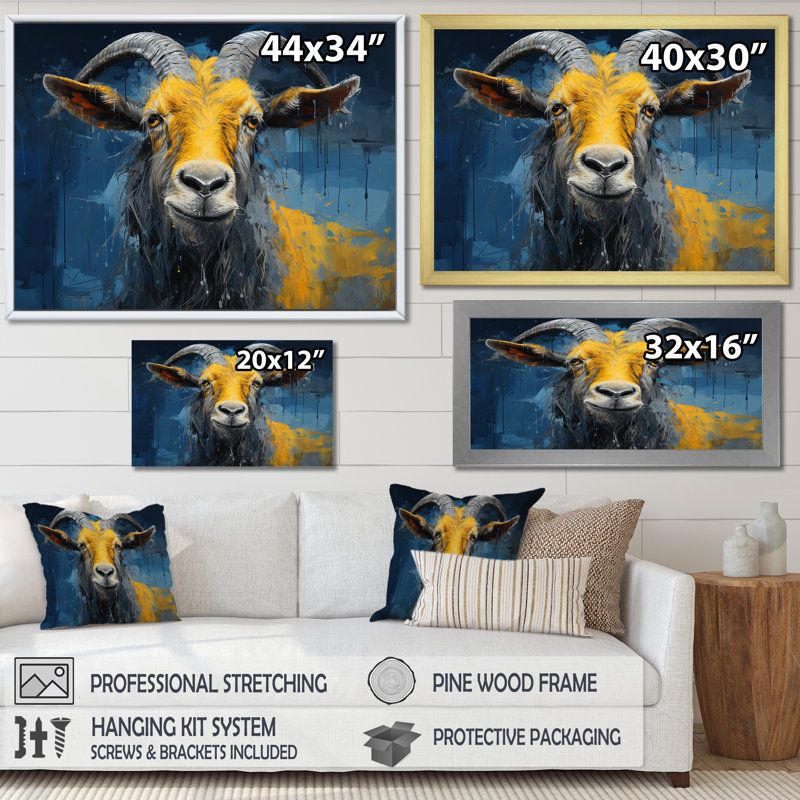 Chèvre jaune et bleu, prairie, portrait II - art mural de chèvre, Cadre de coin blanc fermé, H 12 po x l 20 po x P 1 po