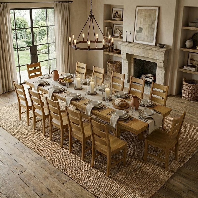 Almeda Modern Extendable Rectangular Dining Table Set, Light Yellow Wood, 13 Pieces: Table, 12 Chairs