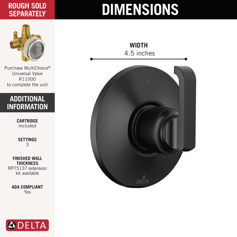 Tetra 3-Setting Shower Diverter Valve Trim Kit, Shower Diverter Kit, Shower Faucet Diverter, Matte Black