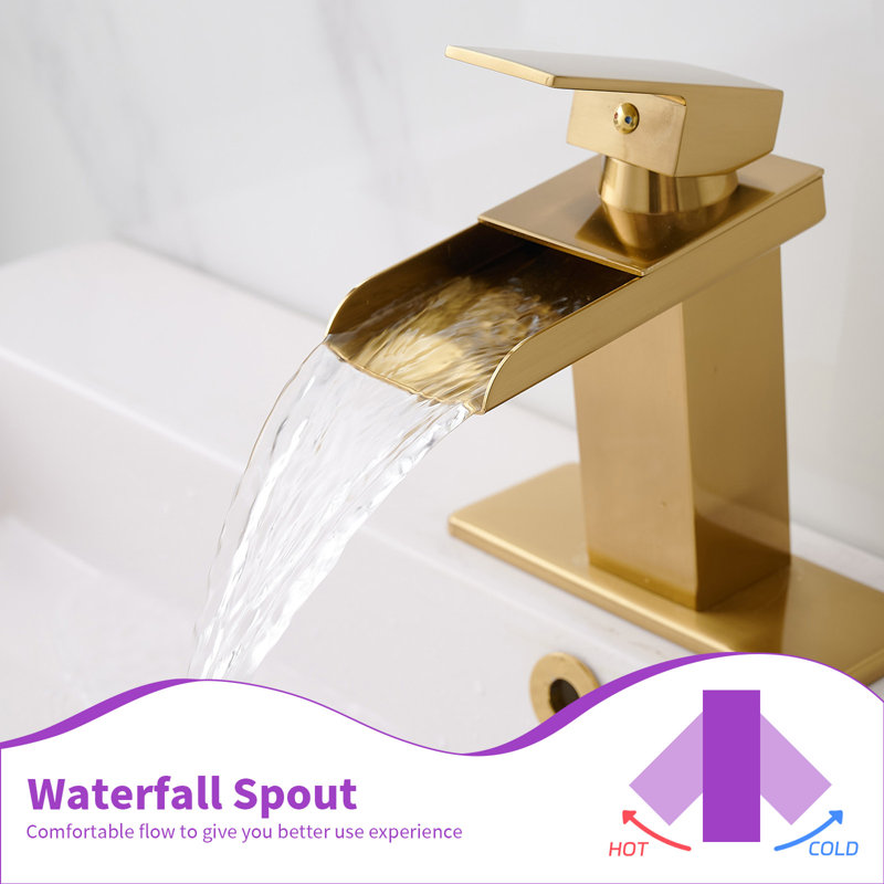 Waterfall Single Hole Single-Handle Low-Arc Bathroom Faucet With Pop-up Drain Assembly in Gold, Brushed Gold