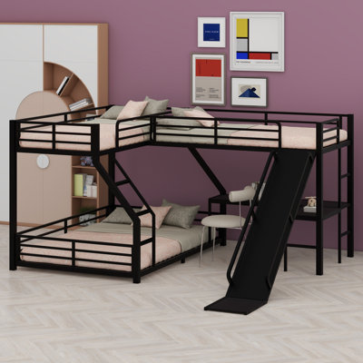 Lit superposé en L avec lit mezzanine, lit superposé triple en métal avec glissade et ports USB