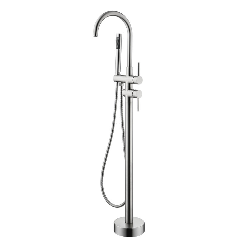 Freestanding Tub Faucet In Brushed Nickel, Handheld Shower Mixer Taps, 360 Degree Swivel Spout, Floor Mounted Quality Fixture Filler With Shower, Ornamental
