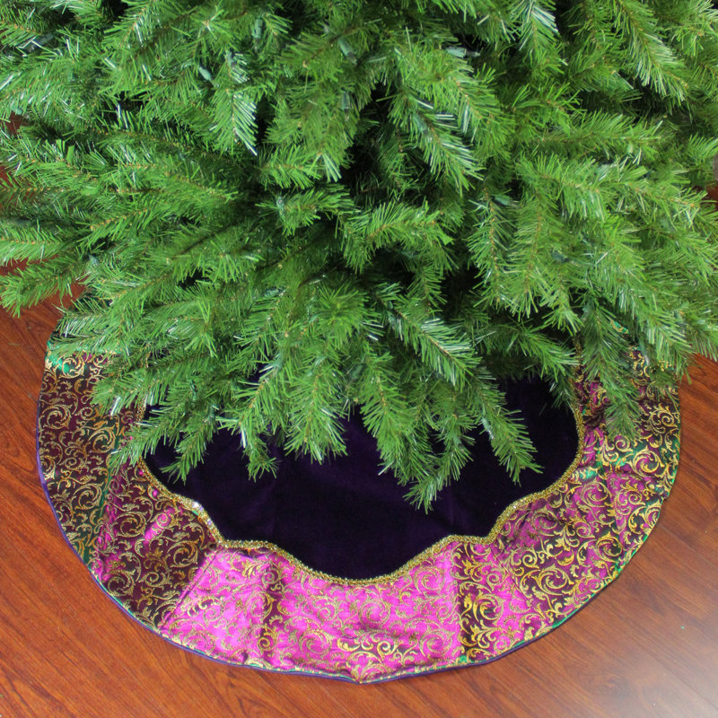 Jupe d'arbre de Noël 48 po en velours de coton mauve avec bordure deux tons or