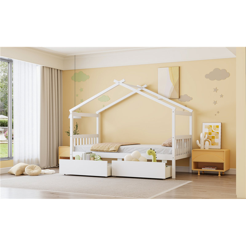 Lit en bois avec tiroirs, Simple, Blanc, Drawer