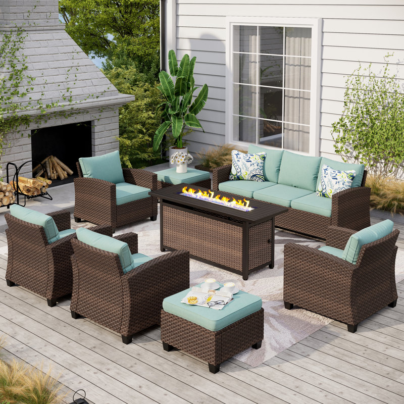 Ensemble de conversation pour patio en osier 9 personnes avec foyer Salem, Oui, Coussin Pro Performance bleu toile
