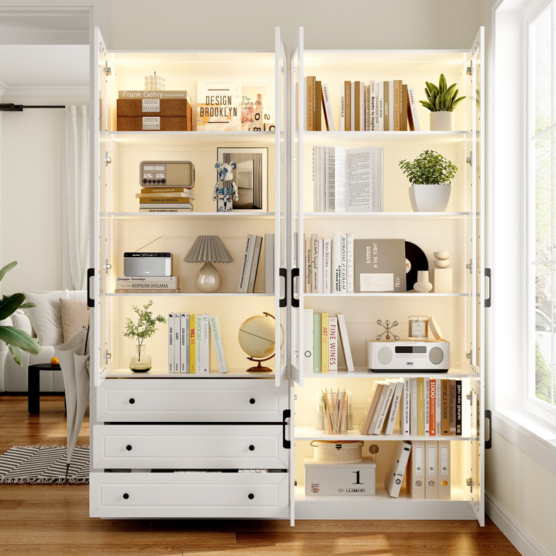 63" Glass Door Display Bookcase Cabinet With LED Lighting, White