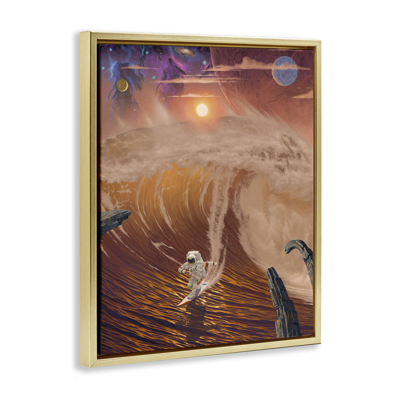 L'astronaute chevauchant la vague, cadre par Vincent Hie, H 31 po x l 25 po, Cadre flottant métallique doré