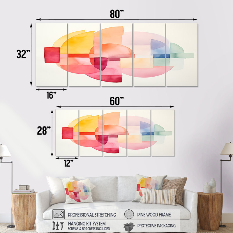 «Pastel Color Geometric Ink Collage III - Abstract Geometric», toile d'art 5 pièces, H 28 po x l 60 po