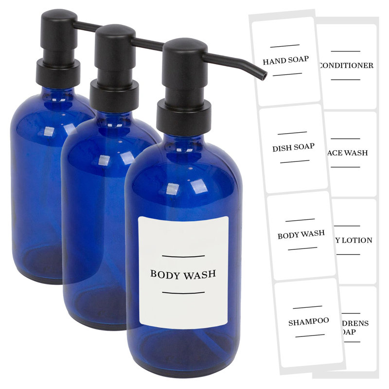 Glass Soap Dispensers with Labels - 500ml, Blue/White