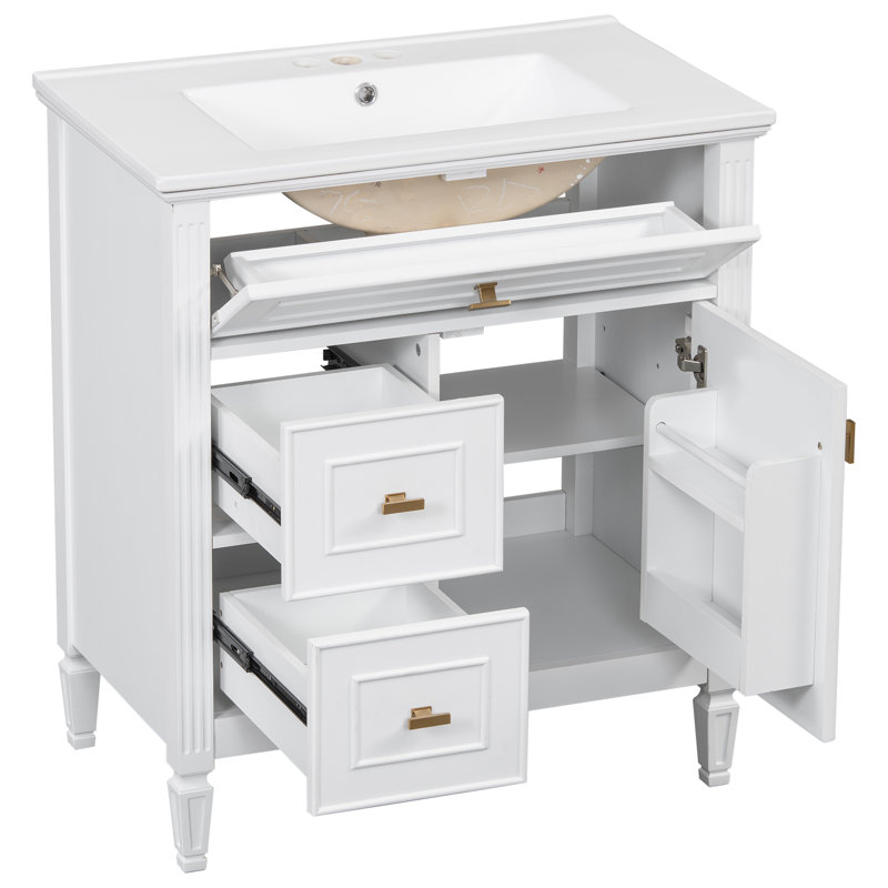 30" Free-Standing Single Bathroom Vanity With Ceramic Sink, Storage Cabinet With Solid Wood Frame & 1 Flip-Out Drawer & 2 Side Drawers