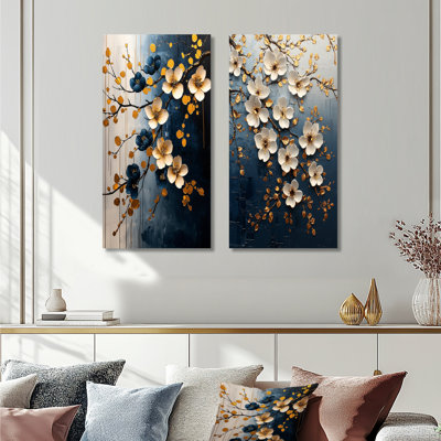 Gold Blue Tones Cherry Blossom Branch III - Cherry Blossom Wall Art 2 Pieces Set