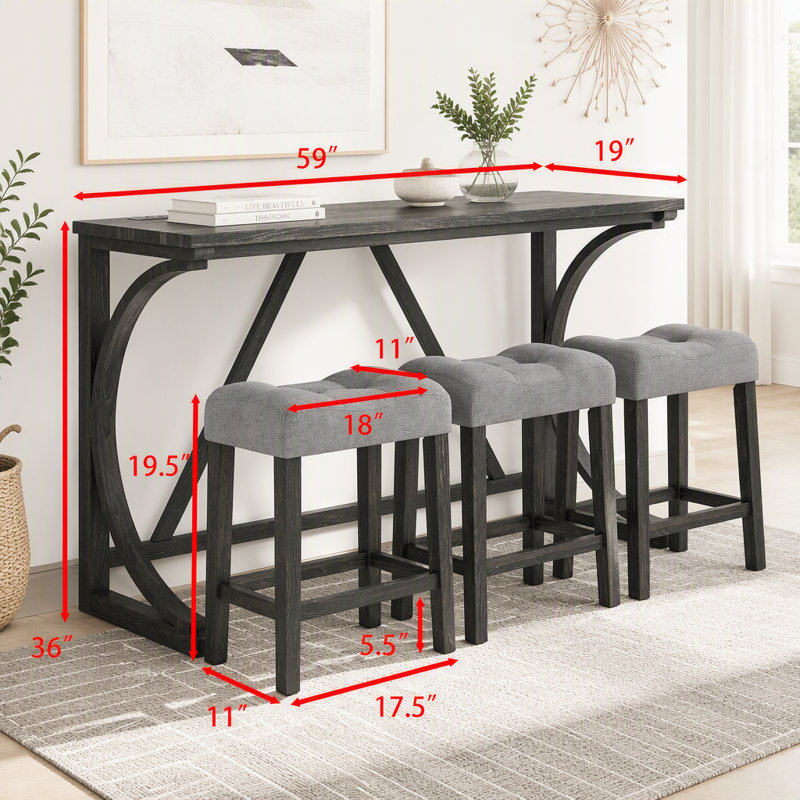 Ensemble de table de bar 4 pièces avec prise électrique et tabourets rembourrés, Black