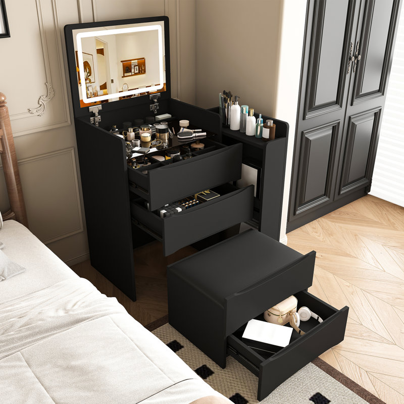 Coiffeuse moderne noire à plateau rabattable avec miroir lumineux, tiroir de rangement, plateau latéral coulissant et tabouret rembourré - Meuble de chambre multifonctionnel