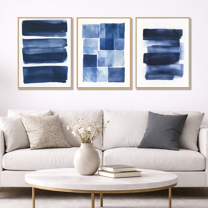 Indigo Horizon II - ensemble de 3 reproductions sur toile abstraites encadrées, H 32 po x l 72 po