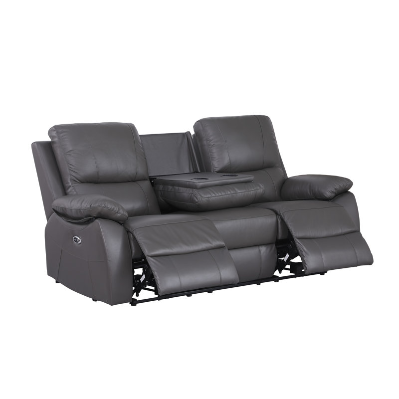 Ahnika 79.52'' Genuine Leather Pillow Top Arm Reclining Sofa, Gray Genuine Leather