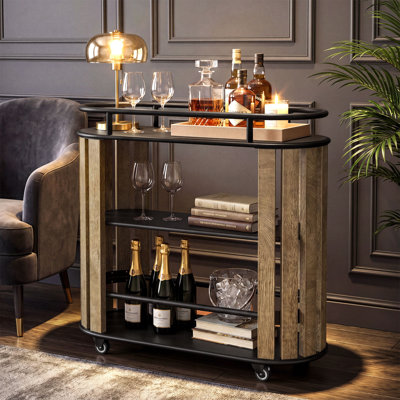 3-Tier Metal Bar Cart, Industrial Serving Cart with Wrap-Around Rails for Home Bar, Kitchen & Dining Room, Easy Assembly