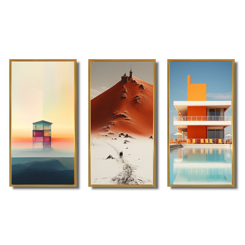 «Minimal Orange Beach House», 3 pièces, Cadre flottant doré, H 32 po x l 48 po