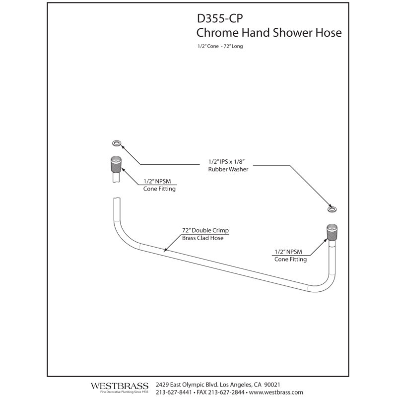 72" Brass Hose for Hand Shower, Polished Chrome
