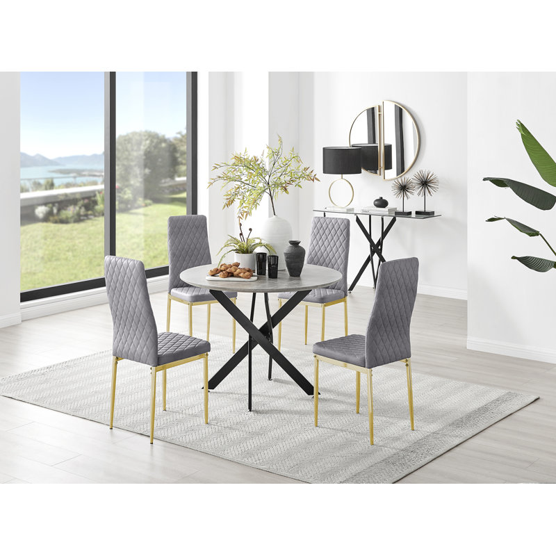 Tierra Modern Chrome Metal & Glass Round Dining Table Set with 4 Quilted Velvet Chairs, 75 x 100 x 100cm, Navy/Silver, Black
