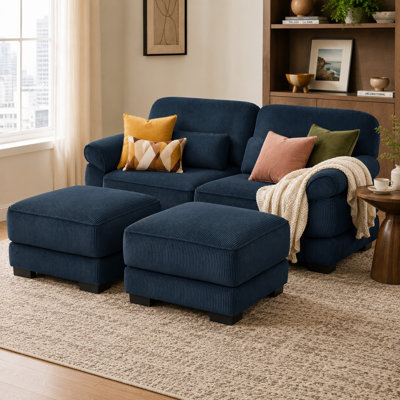 Schum 76.4" Straight Cloud Couch, 2-Seater Modular Sectional with 2 Ottomans, Thick Memory Foam Cushions, Breathable Corduroy Fabric, Detachable Armrest, for Small Living Room