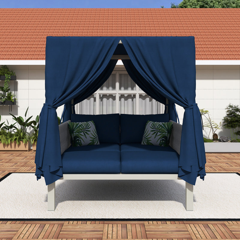 Lit de bronzage d'extérieur avec rideaux, Bleu