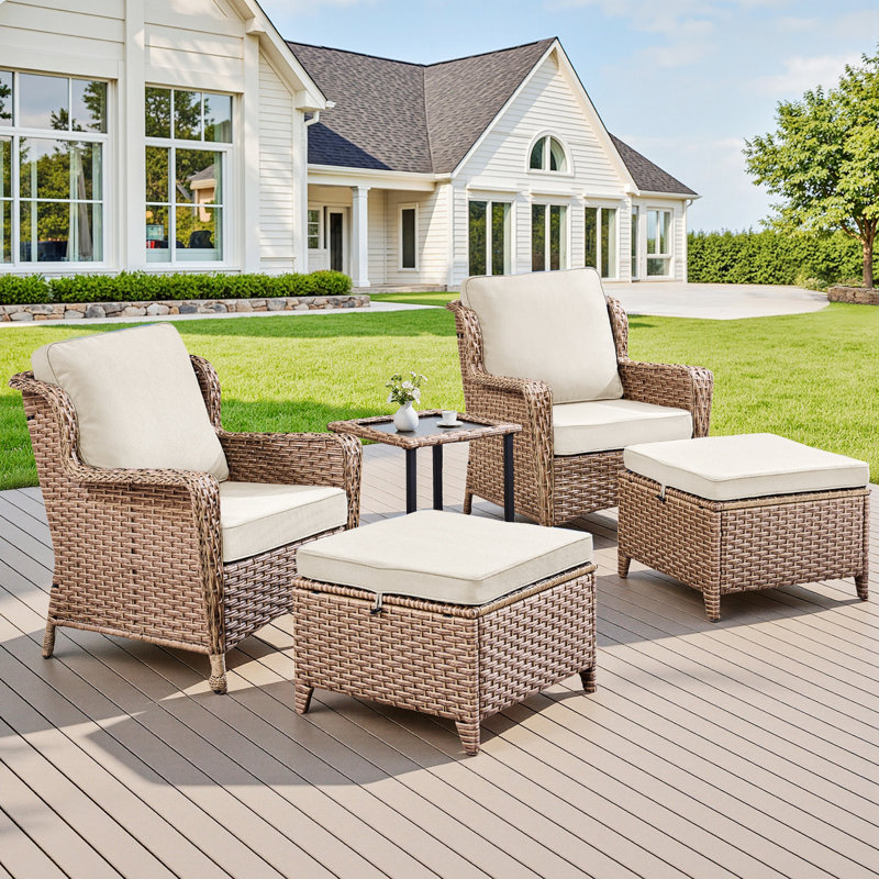 Ensemble de chaises d'extérieur 5 pièces avec table d'appoint et repose-pieds pour véranda ou terrasse, Beige